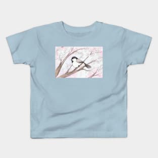 Chickadee in a Cherry Tree Watercolor Illustration Kids T-Shirt